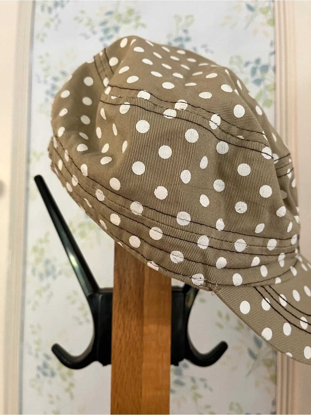 Tan Polka Dot Cap with Rhinestone Cross Applique
